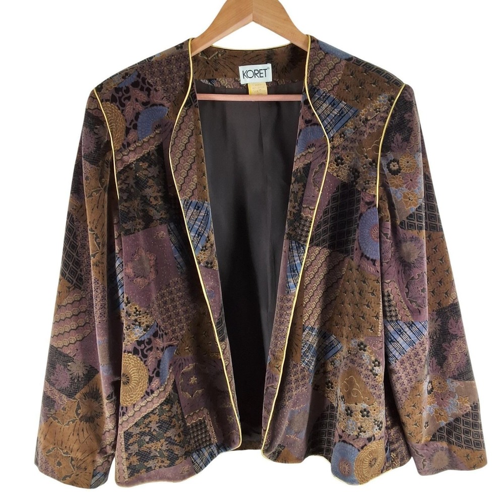 Vintage 80s Koret Patchwork Tapestry‎ Velvet Jacket Open Front Blazer Boho XL 42